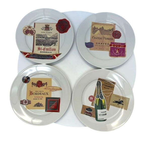 Rosanna Other - Set of 4 Romaine 8" Ceramic Dessert Plates French Wine Label Design in Box